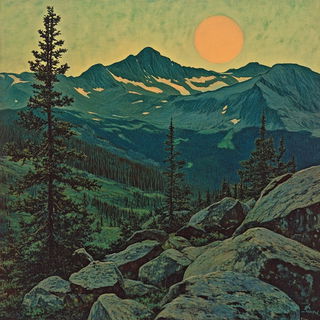 Chromalichen Screenprint style, Midjourney V6.1: realistic landscape photograph of quiet dawn