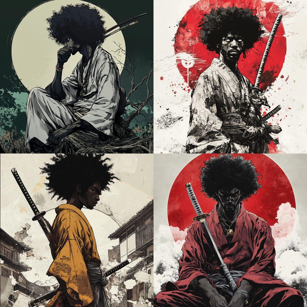 Afro Samurai style, Midjourney V6.1, render 1 of 4