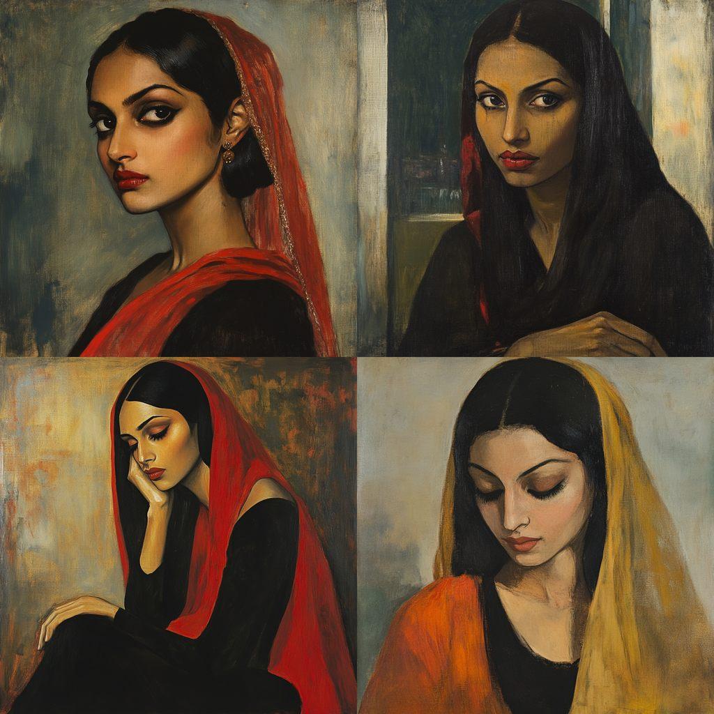 Amrita Sher-Gil style, Midjourney V6.1, render 1 of 4