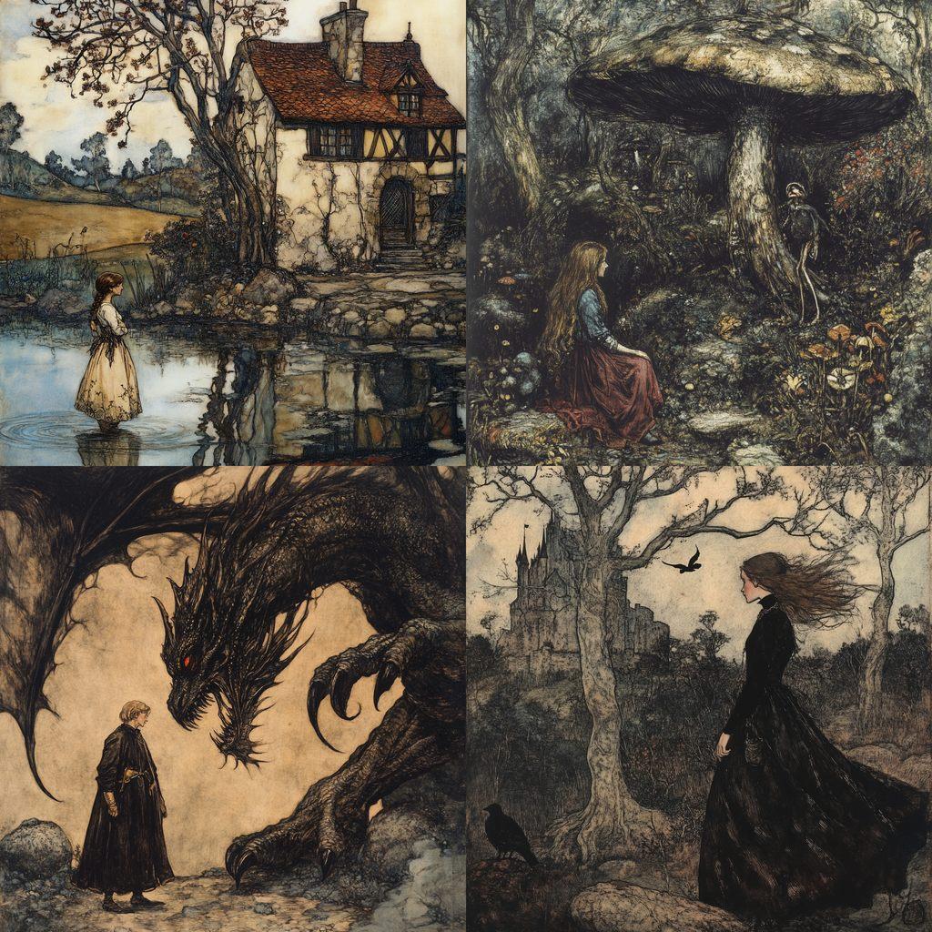 Arthur Rackham style, Midjourney V6.1, render 1 of 4