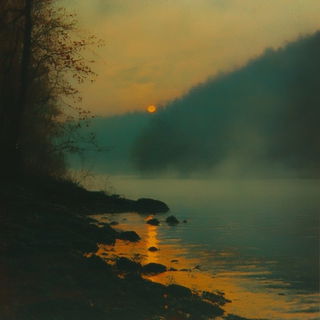 Redletter Hex style, Midjourney V6.1: realistic landscape photograph of quiet dawn