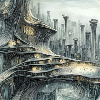 Maskhouse Orangeblue style, Midjourney V6.1: megacity with futuristic bioarchitecture