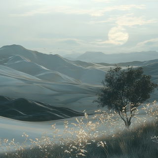 Chromashard Weaving style, Midjourney V6.1: realistic landscape photograph of quiet dawn