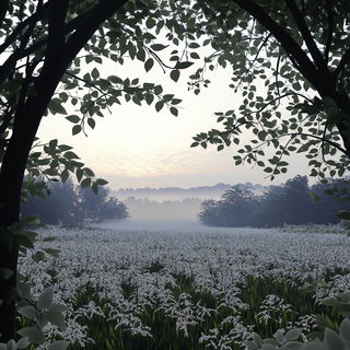 Sequinsmoke style, Midjourney V6.1: realistic landscape photograph of quiet dawn
