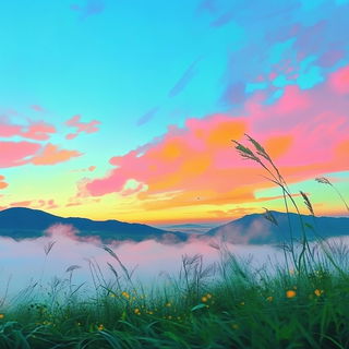 Marbroidery style, Midjourney V6.1: realistic landscape photograph of quiet dawn