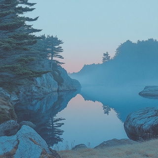 Longbeast Lullaby style, Midjourney V6.1: realistic landscape photograph of quiet dawn