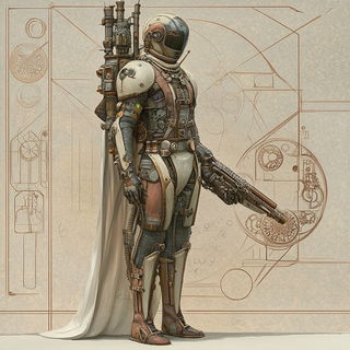 Ruinchrome style, Midjourney V6.1: concept art character design of retropunk steam knight