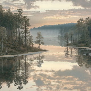 Ruinchrome style, Midjourney V6.1: realistic landscape photograph of quiet dawn