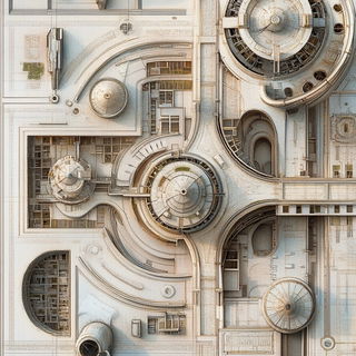 Ruinchrome style, Midjourney V6.1: technical infrastructure blueprint schematics