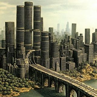 Vitrogild style, Midjourney V6.1: megacity with futuristic bioarchitecture