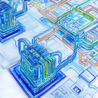 Cumulus Counterplay style, Midjourney V6.1: technical infrastructure blueprint schematics