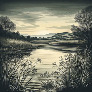 Inkwardens style, Midjourney V6.1: realistic landscape photograph of quiet dawn