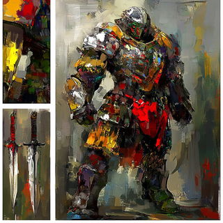 Fablemarquetry style, Midjourney V6.1: concept art character design of retropunk steam knight