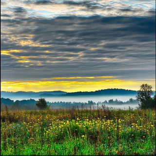 Fablemarquetry style, Midjourney V6.1: realistic landscape photograph of quiet dawn
