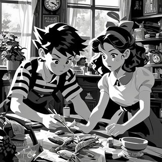 Berrysun Parterre style, Midjourney V6.1: black-and-white manga comic strip