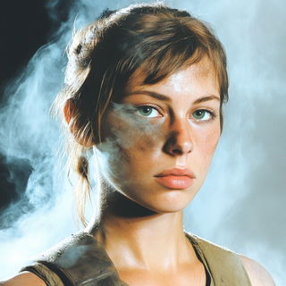 Brushlaid Stonework style, Midjourney V6.1: photographic portrait of female protagonist