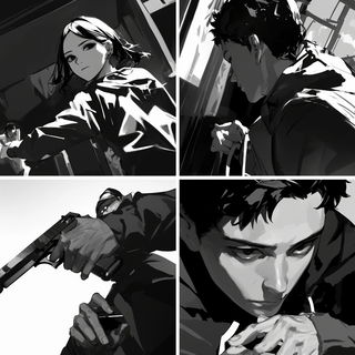 Rainclad style, Midjourney V6.1: black-and-white manga comic strip