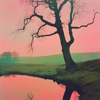 Suncut Etching style, Midjourney V6.1: realistic landscape photograph of quiet dawn