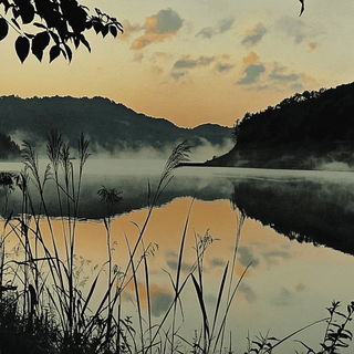 Frostswirl style, Midjourney V6.1: realistic landscape photograph of quiet dawn