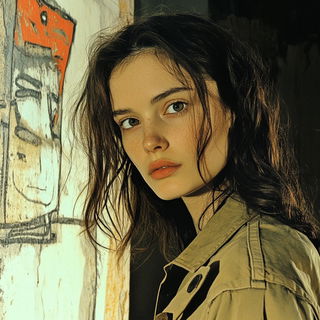 Frostswirl style, Midjourney V6.1: photographic portrait of female protagonist