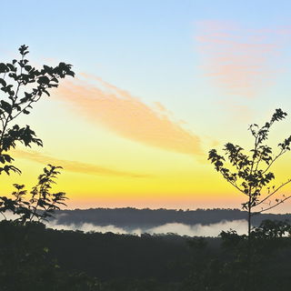 Brutalist Mythic Prospect style, Midjourney V6.1: realistic landscape photograph of quiet dawn