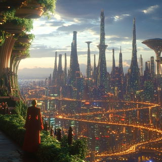 Silk Banner Pageantry style, Midjourney V6.1: megacity with futuristic bioarchitecture