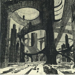 Stratoceratops Engraving style, Midjourney V6.1: megacity with futuristic bioarchitecture