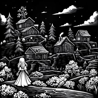 Hollowpine Glyphics style, Midjourney V6.1: retro fairy-tale illustration