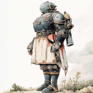 Radialink style, Midjourney V6.1: concept art character design of retropunk steam knight
