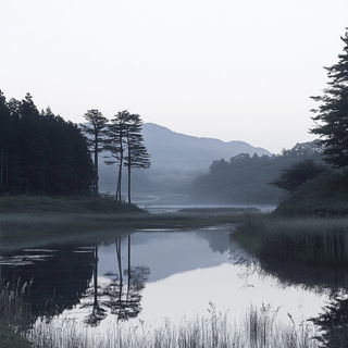 Ribbonface style, Midjourney V6.1: realistic landscape photograph of quiet dawn