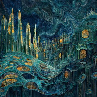 Xylophagous Pilgrimism style, Midjourney V6.1: megacity with futuristic bioarchitecture