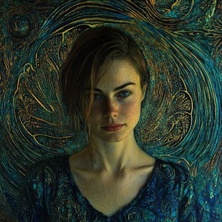 Xylophagous Pilgrimism style, Midjourney V6.1: photographic portrait of female protagonist