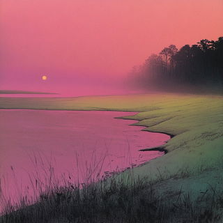 Crystalglyphics style, Midjourney V6.1: realistic landscape photograph of quiet dawn