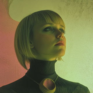 Crystalglyphics style, Midjourney V6.1: photographic portrait of female protagonist