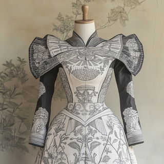 Ferrous Flamegrove style, Midjourney V6.1: haute-couture fashion outfit