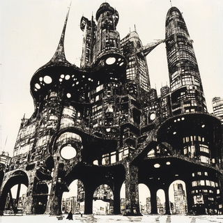 Pigmara Tableaucraft style, Midjourney V6.1: megacity with futuristic bioarchitecture