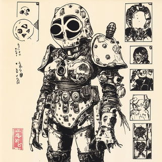 Pigmara Tableaucraft style, Midjourney V6.1: concept art character design of retropunk steam knight