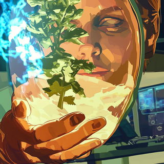 Xenobotanical Prismatics style, Midjourney V6.1: editorial illustration for popular scientific magazine cover