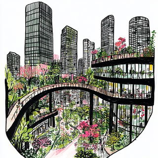 Gestural Calligraphic Socialism style, Midjourney V6.1: megacity with futuristic bioarchitecture