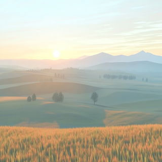 Hatchflora style, Midjourney V6.1: realistic landscape photograph of quiet dawn