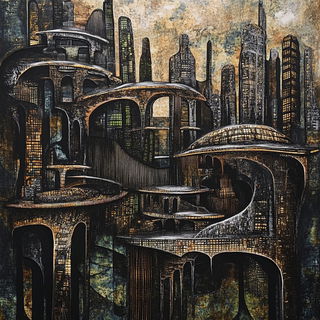 Kryvex Collective style, Midjourney V6.1: megacity with futuristic bioarchitecture
