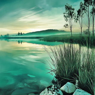 Tidal Ink Abstraction style, Midjourney V6.1: realistic landscape photograph of quiet dawn