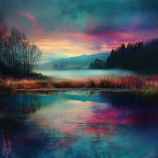 Rimewild style, Midjourney V6.1: realistic landscape photograph of quiet dawn