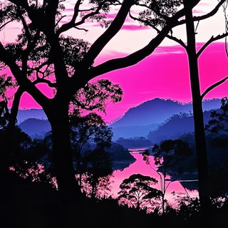 Chromaburin style, Midjourney V6.1: realistic landscape photograph of quiet dawn