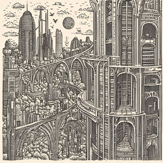 Collagegrimage style, Midjourney V6.1: megacity with futuristic bioarchitecture