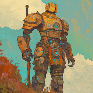 Parallax Folia style, Midjourney V6.1: concept art character design of retropunk steam knight