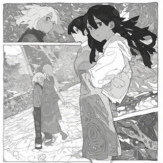 Parallax Folia style, Midjourney V6.1: black-and-white manga comic strip