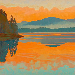 Parallax Folia style, Midjourney V6.1: realistic landscape photograph of quiet dawn