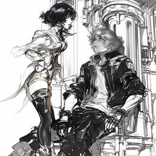 Chromaframe style, Midjourney V6.1: black-and-white manga comic strip