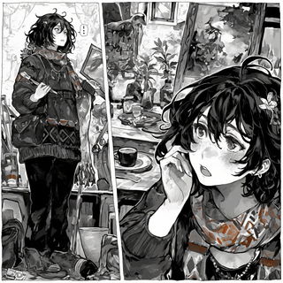 Portalchrome style, Midjourney V6.1: black-and-white manga comic strip